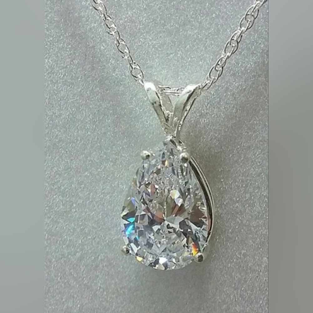 Elegant 3ct White Sapphire & Sterling Silver Teardrop Pendant Necklace